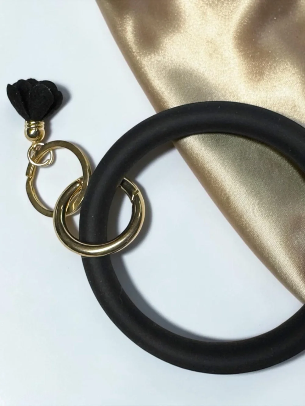 Black Silicone Bangle Keychain Bracelet Gold Tassel Wristlet NEW
